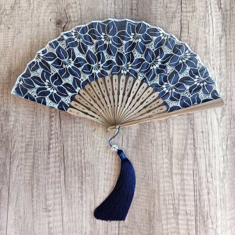 Buddhist Blessing Solid Color Hollow Flowers Embroidery Cotton Fabric Handheld Bamboo Folding Fan