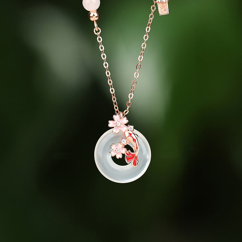Buddhist Blessing Chalcedony Pink Crystal 925 Sterling Silver Flowers Koi Fish Peace Buckle Positive Necklace Pendant