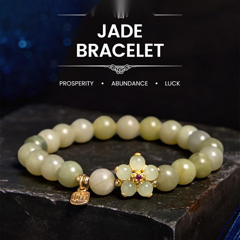 Buddhist Blessing Green Jade Flower Fu Character Charm Luck Bracelet