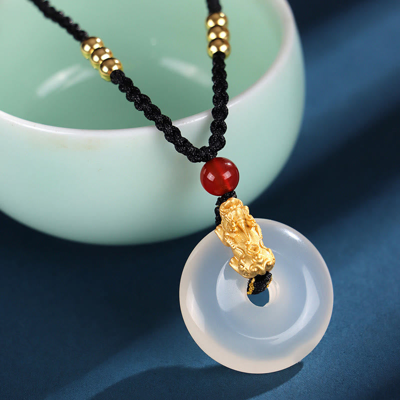 Buddhist Blessing Black Onyx White Agate Peace Buckle 999 Sterling Silver Gold PiXiu Fortune Necklace Pendant