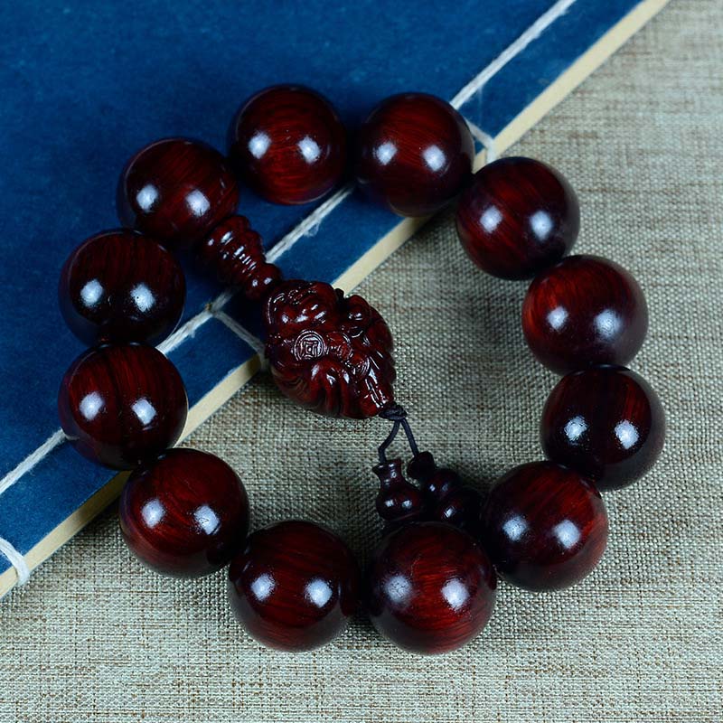 Buddhist Blessing Small Leaf Red Sandalwood Laughing Buddha God of Wealth Protection Bracelet