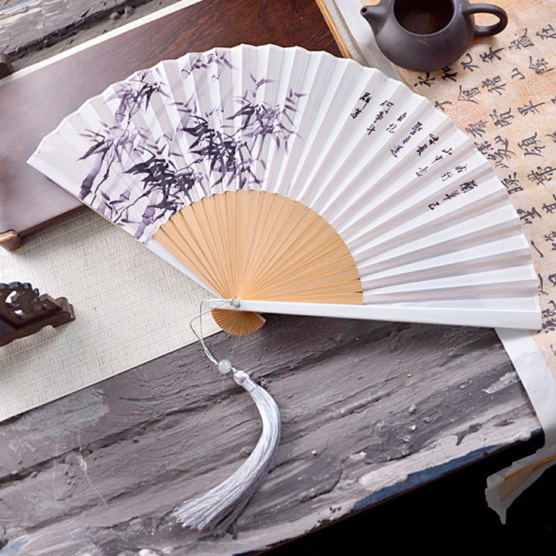 Buddhist Blessing Chinese Characters Ink Painting Lotus Flower Leaf Landscape Handheld Huayao Crepe Polyester Bamboo Folding Fan 23.3cm