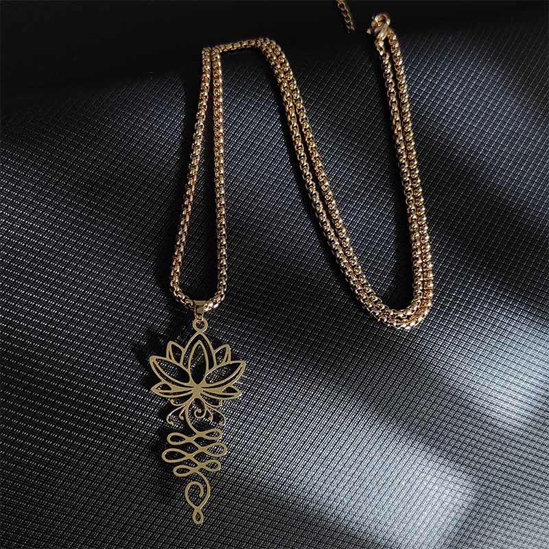 Buddhist Blessing Lotus Vines Design Chakra Symbol Stainless Steel Enlightenment Necklace Pendant