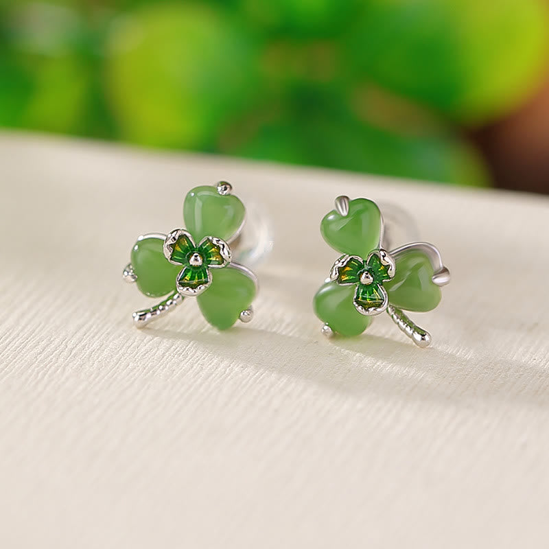 Buddhist Blessing 925 Sterling Silver Enamel Hetian Jade Shamrock Luck Earrings
