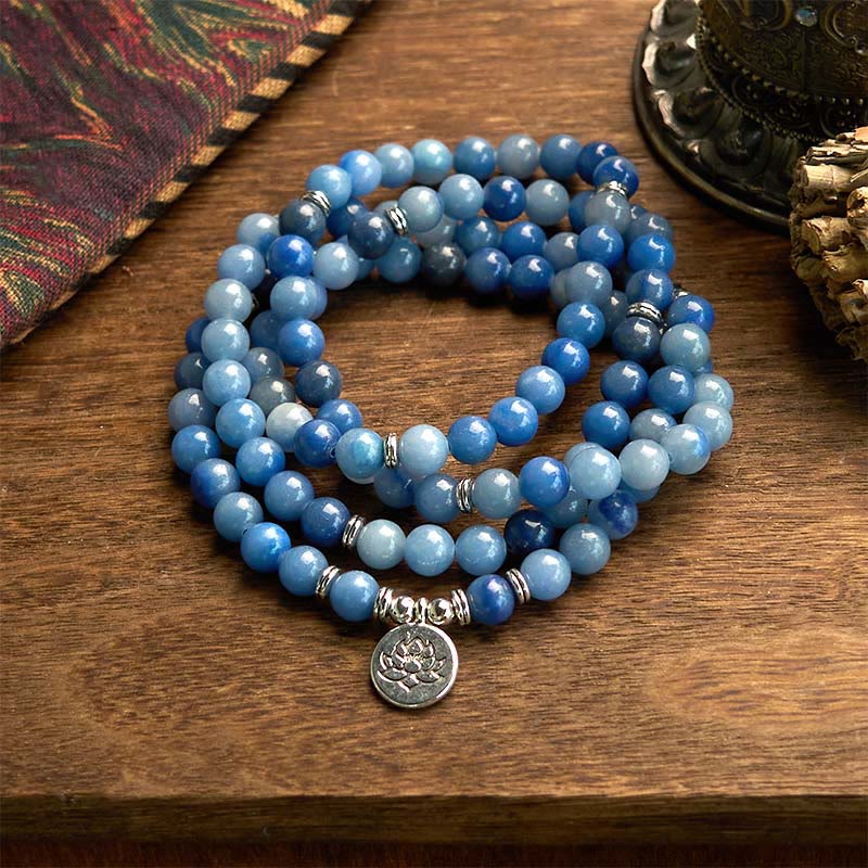 Buddhist Blessing 108 Mala Beads Multi-layer Natural Blue Aventurine Lotus Calm Bracelet