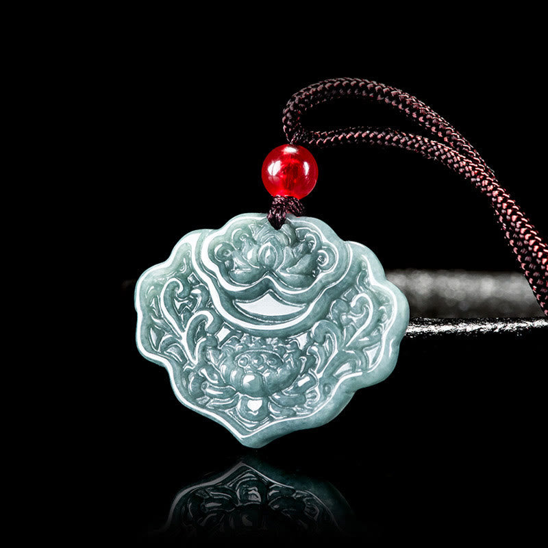 Buddhist Blessing Lotus Pattern Carved Jade Abundance Prosperity Necklace Rope Pendant