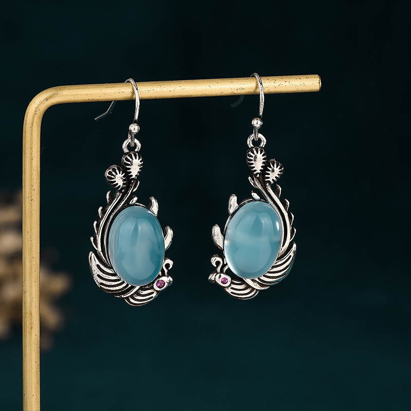 Buddhist Blessing 925 Sterling Silver Posts Blue Chalcedony Koi Fish Balance Vitality Earrings