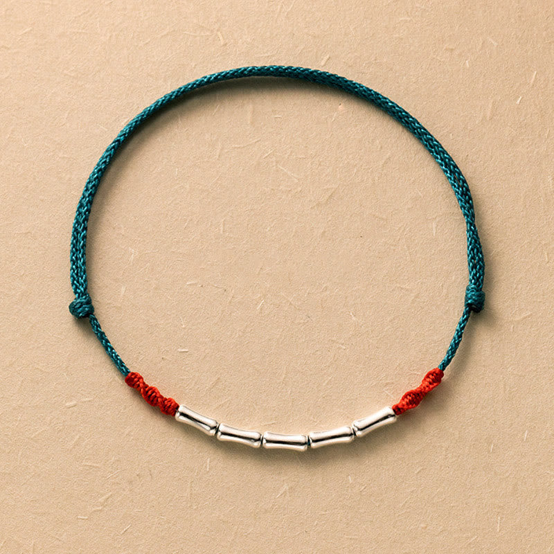 Buddhist Blessing 925 Sterling Silver Bamboo Design Luck Braided Ultra-Thin Rope Bracelet