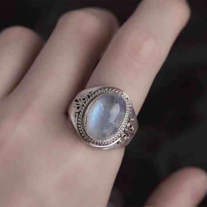 Buddhist Blessing 925 Sterling Silver Handmade Natural Moonstone Healing Adjustable Ring