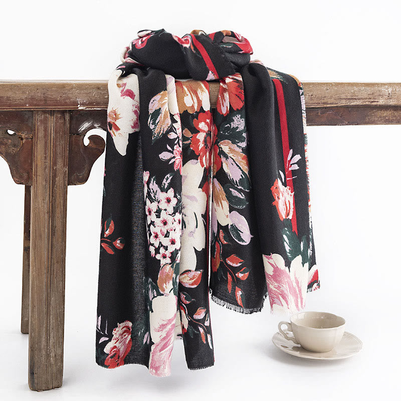 Buddhist Blessing Tibetan Blooming Rose Peony Flower Print Shawl Fall Winter Cozy Warm Scarf Wrap