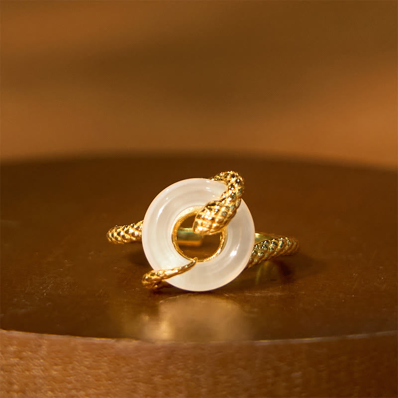Buddhist Blessing Chalcedony Peace Buckle 925 Sterling Silver Golden Year Of The Snake Harmony Ring