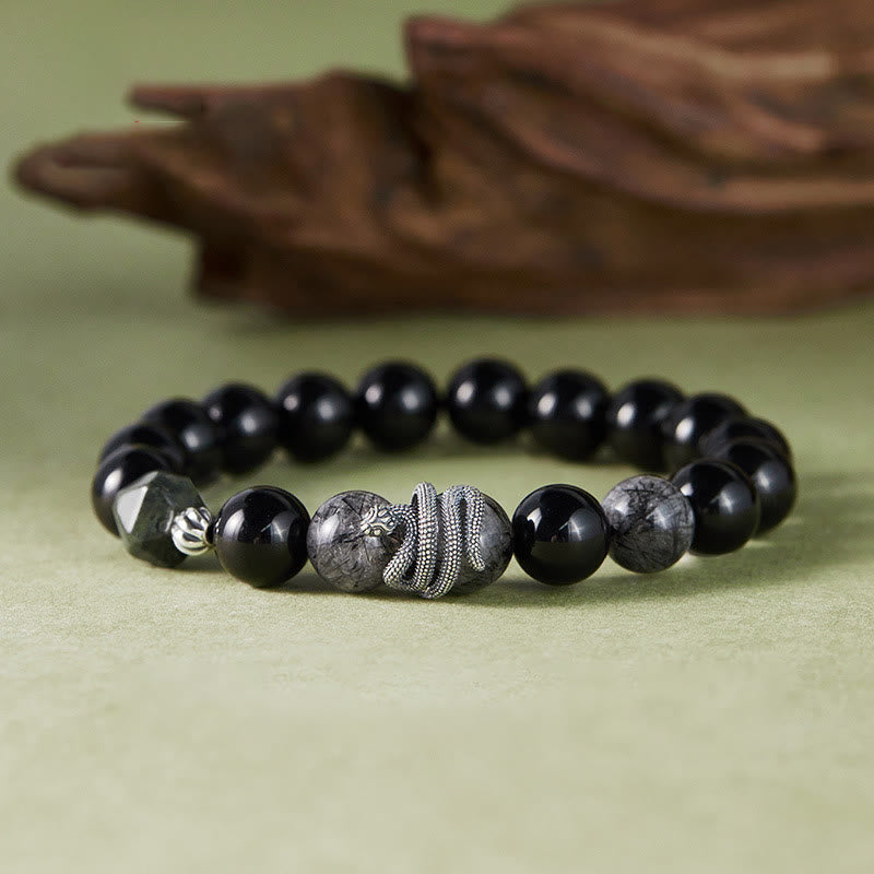 Buddhist Blessing Black Obsidian Black Rutilated Quartz 925 Sterling Silver Year Of The Snake Purification Bracelet