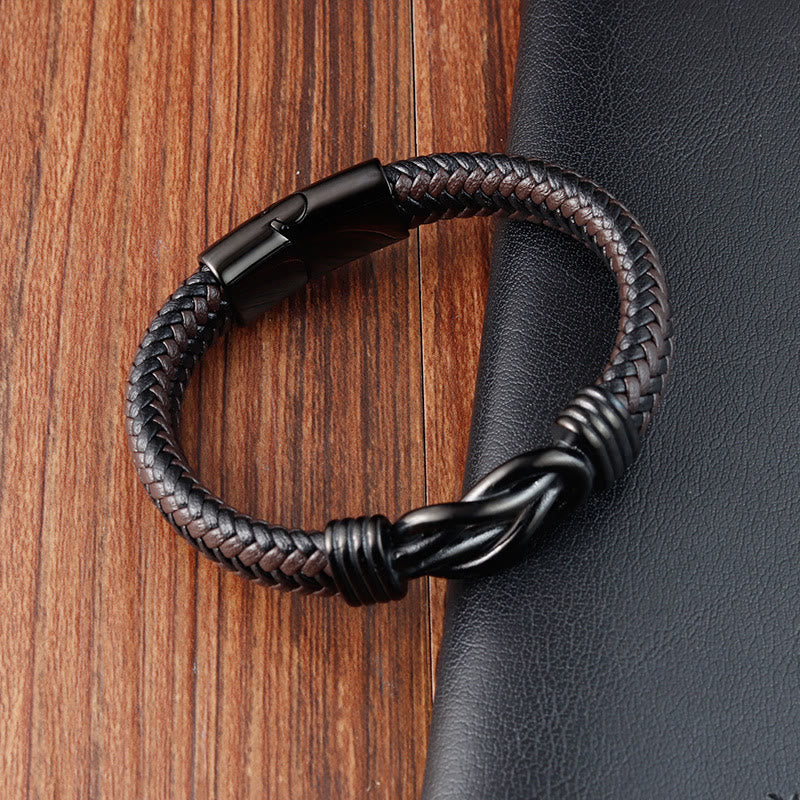 Buddhist Blessing Endless Knot Pattern Titanium Steel Balance Leather Buckle Bracelet