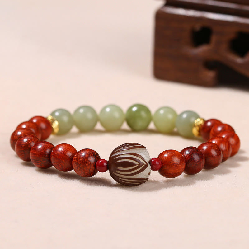 Buddhist Blessing Natural Rosewood Cyan Jade Bodhi Seed Lotus Warmth Calm Bracelet