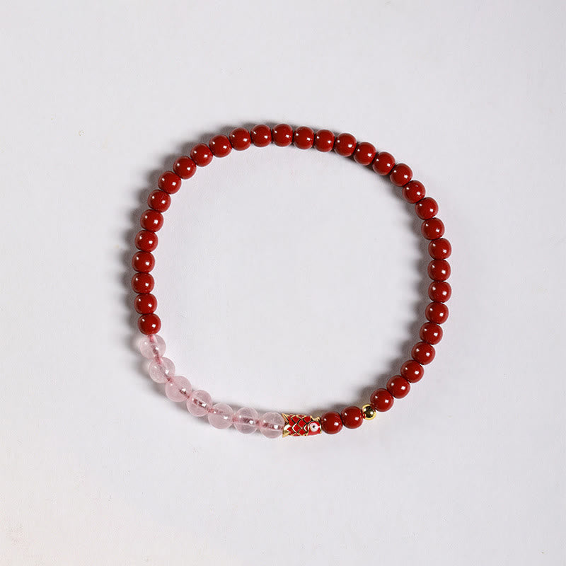 Buddhist Blessing Natural Cinnabar Pink Crystal Strawberry Quartz Lucky Koi Fish Blessing Bracelet