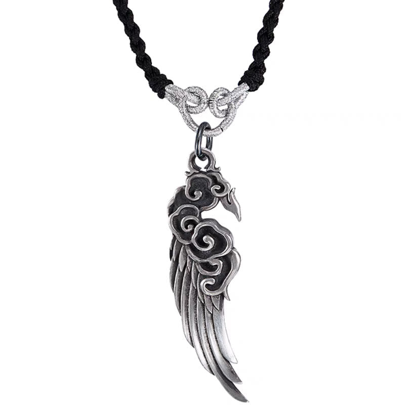 Buddhist Blessing 925 Sterling Silver Auspicious Clouds Wing Cotton RopeĀ Deerskin Rope Necklace Pendant