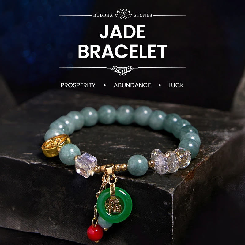 Buddhist Blessing Strawberry Quartz Jade Fu Character Charm Healing Bracelet