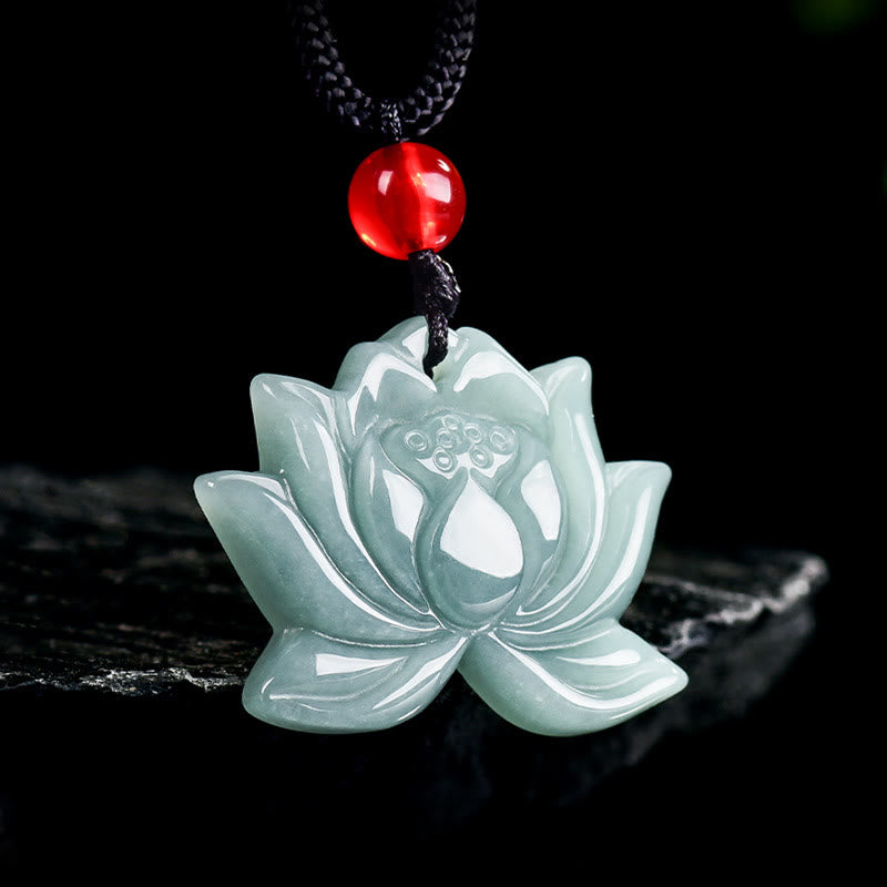 Buddhist Blessing Lotus Flower Pattern Carved Jade Prosperity Necklace Pendant