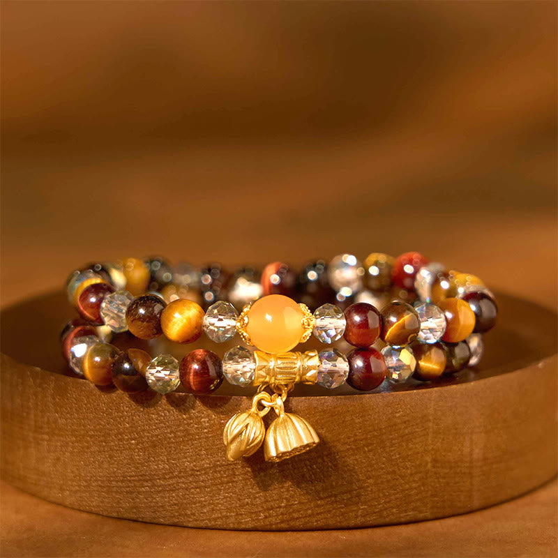 Buddhist Blessing Colorful Tiger Eye Lotus Multi-circle Elastic Rope Protection Bracelet