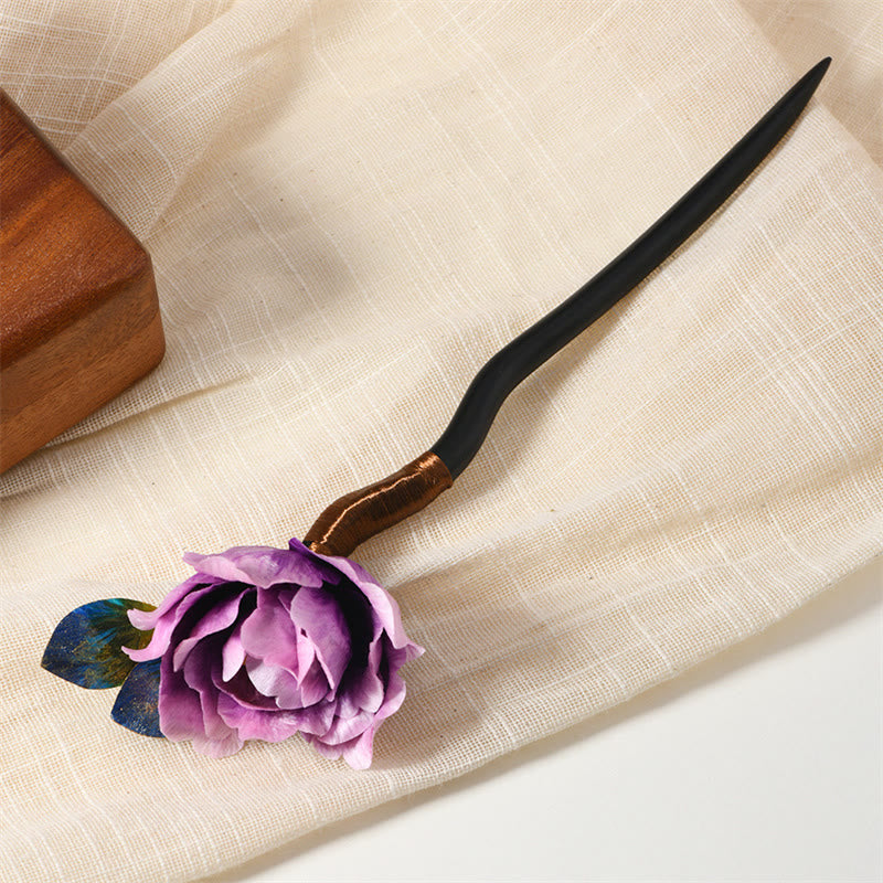 Buddhist Blessing Intangible Cultural Heritage Craft Ebony Wood Silk Flower Butterfly Pearl Blessing Hairpin