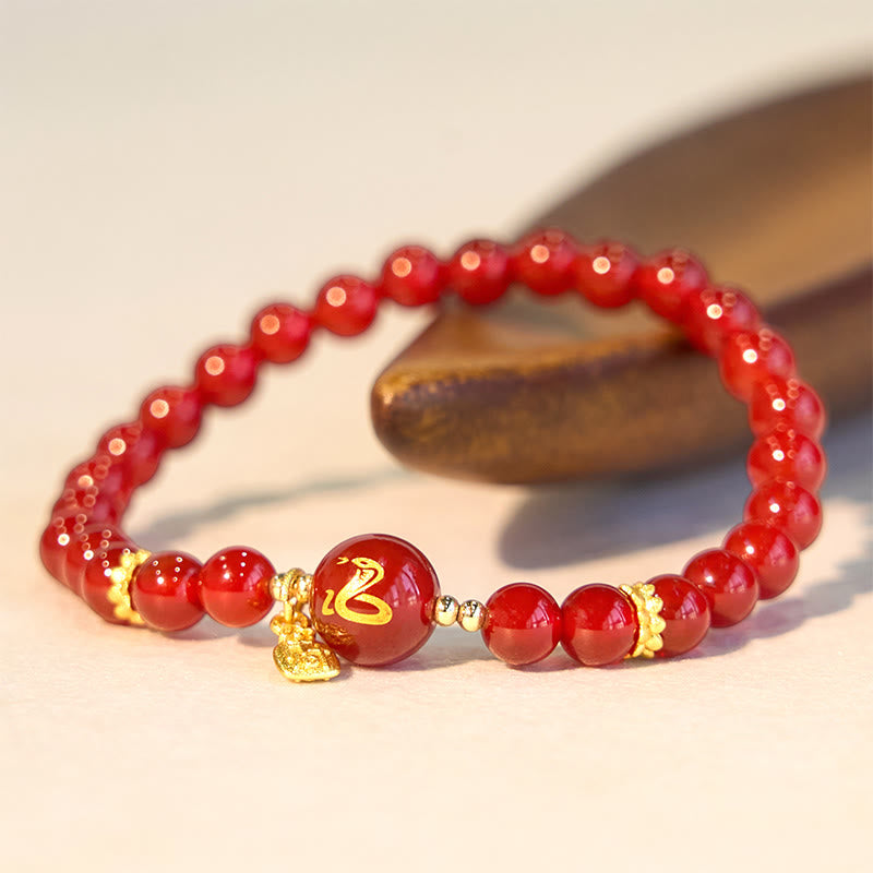 Buddhist Blessing Red Agate Gold Plated Copper Year Of The Snake Happiness Bracelet
