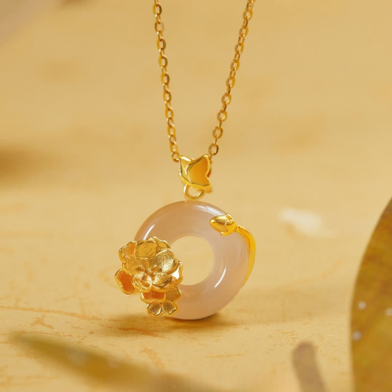 Buddhist Blessing Natural 925 Sterling Silver White Chalcedony Peace Buckle Peach Blossom Butterfly Positive Necklace Pendant