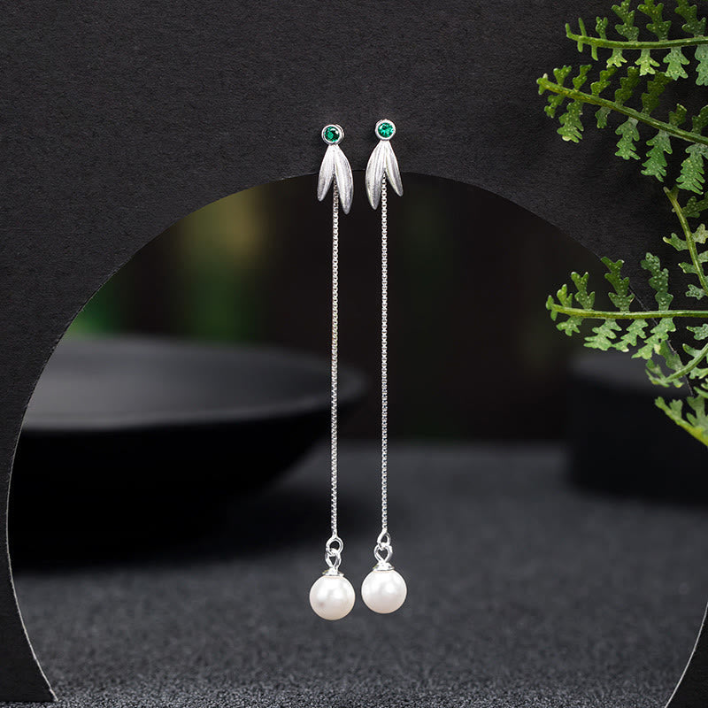 Buddhist Blessing 925 Sterling Silver Zircon Pearl Bamboo Leaves Protection Drop Earrings