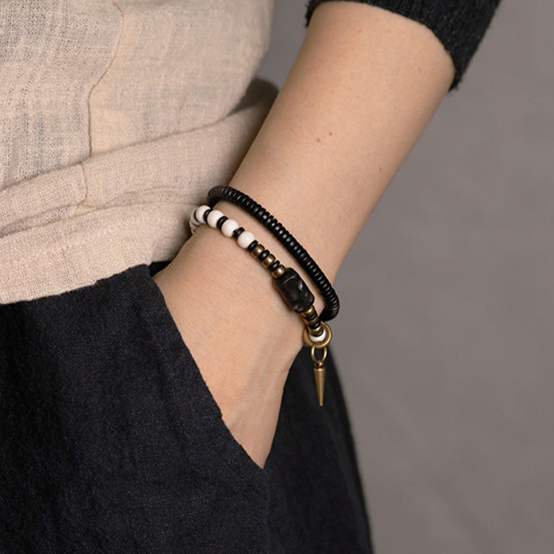 Buddha Stones Bone Beads Ebony Wood Copper Strength Couple Bracelet