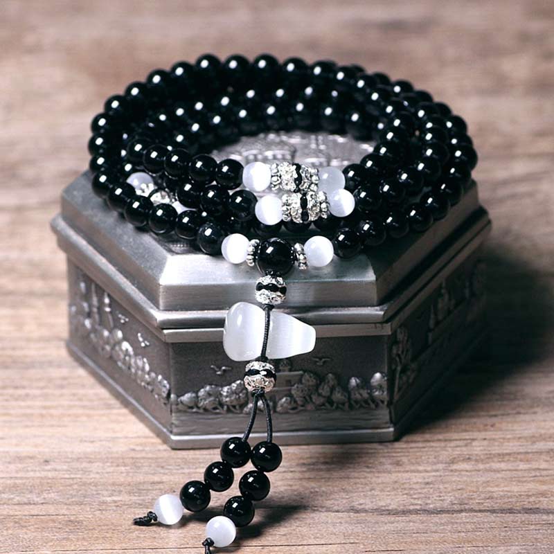 Buddha Stones Black Onyx White Crystal Bead Meditation Bracelet