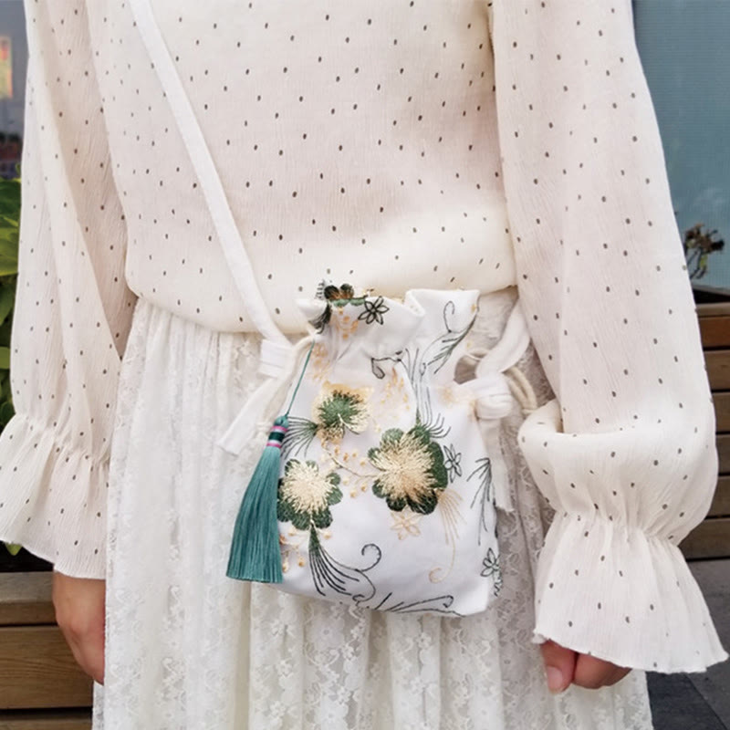 Buddhist Blessing Embroidered Flowers Cherry Blossoms Vine Canvas Crossbody Bag Shoulder Bag