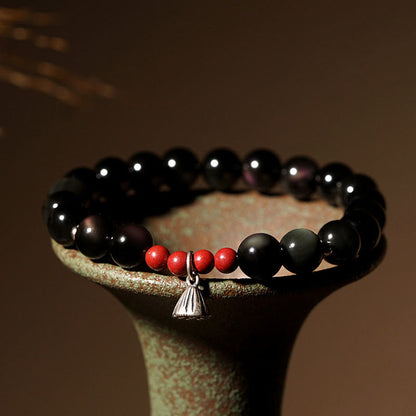 Buddhist Blessing Natural Black Obsidian Cinnabar Lotus Charm Strength Fulfillment Bracelet