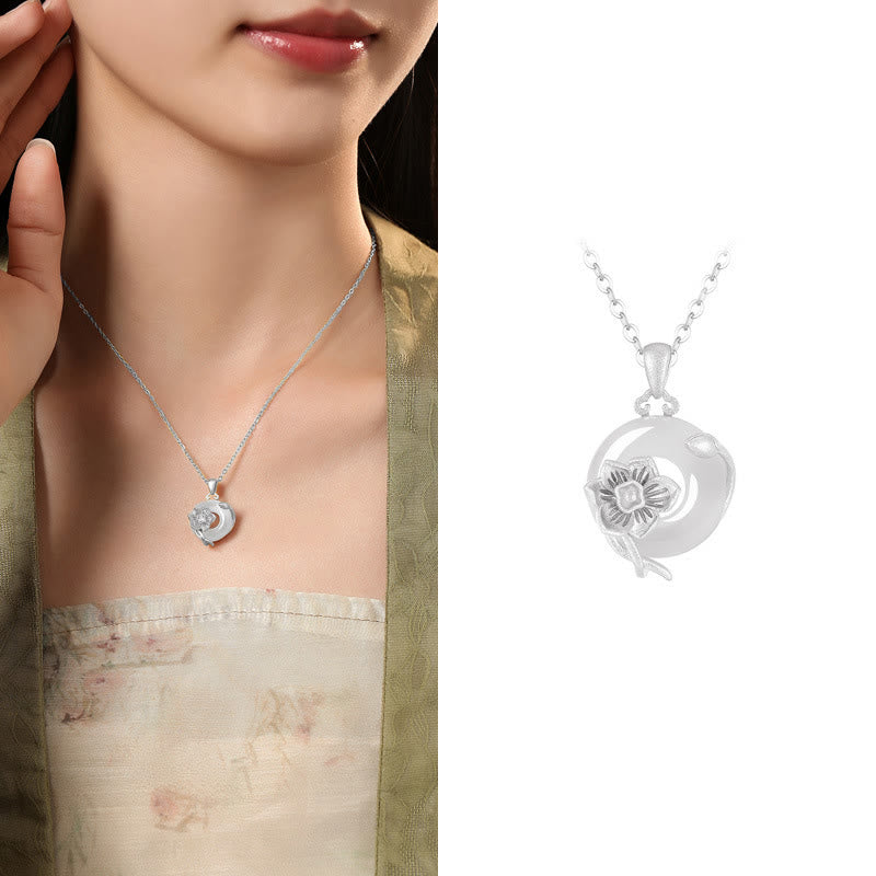 Buddhist Blessing Chalcedony 925 Sterling Silver Peace Buckle Flowers Necklace Pendant