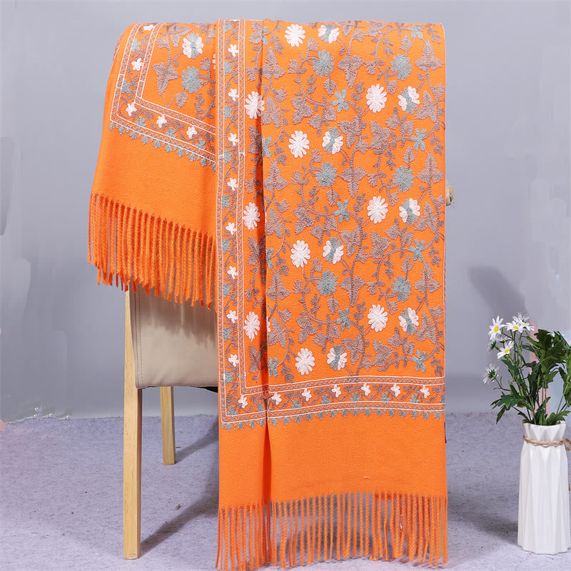 Buddhist Blessing Polyester Shawl Cashew Flowers Embroidery Tassel Winter Cozy Travel Scarf Wrap