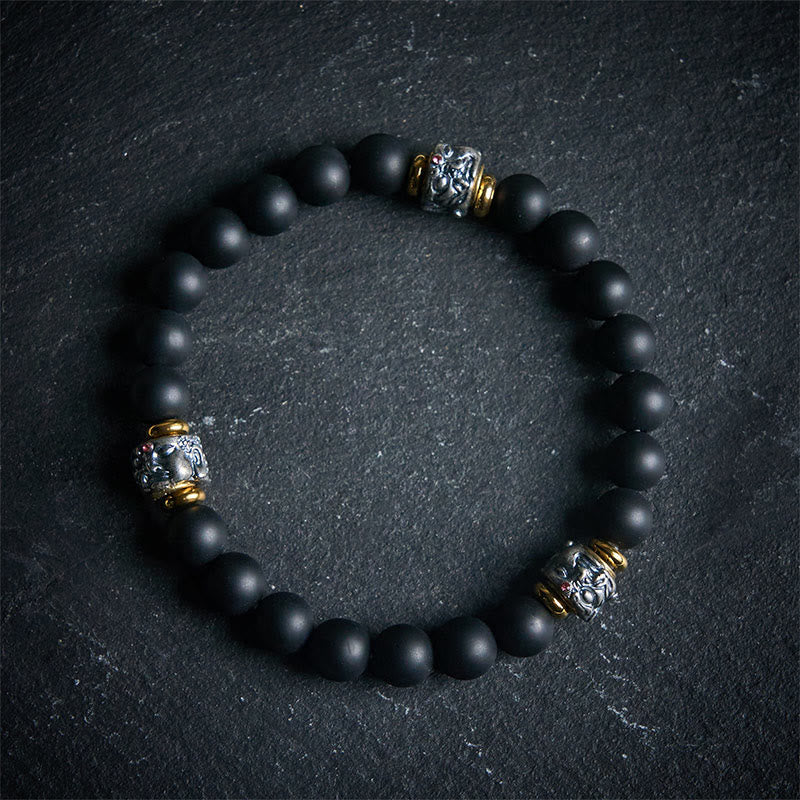 Buddhist Blessing Natural Frosted Black Onyx Buddha Face Protection Bracelet