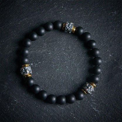 Buddhist Blessing Natural Frosted Black Onyx Buddha Face Protection Bracelet