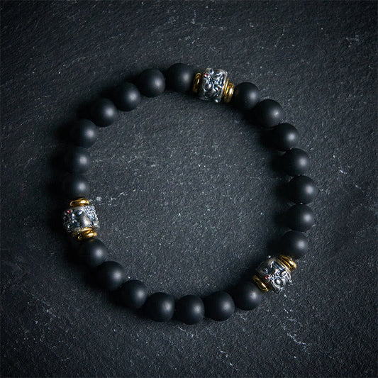 Buddhist Blessing Natural Frosted Black Onyx Buddha Face Protection Bracelet