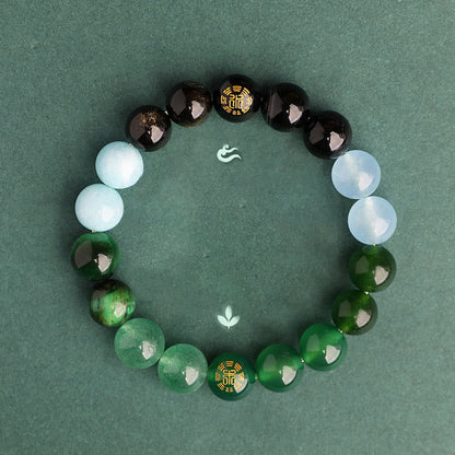 Buddhist Blessing Five Elements Various Agate Crystal Black Onyx Green Chalcedony Aquamarine Wisdom Bracelet