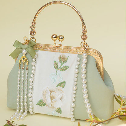 Buddhist Blessing Double-sided Flowers Embroidery Pearl Pendant Metal Chain Crossbody Bag Handbags