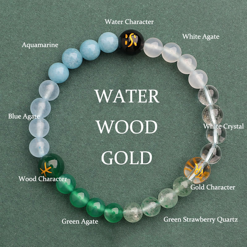 Buddhist Blessing Five Elements Various Agate Crystal Green Strawberry Quartz Sun Stone Wealth Bracelet