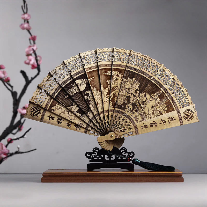 Buddhist Blessing Koi Fish Peony Bird Flower Engraved Hollow Handheld Phoebe Zhennan Wood Folding Fan 22cm
