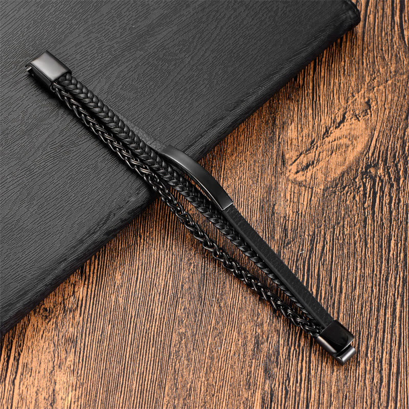 Buddhist Blessing Woven Pattern Titanium Steel Stimulation Multi-layer Leather Buckle Bracelet