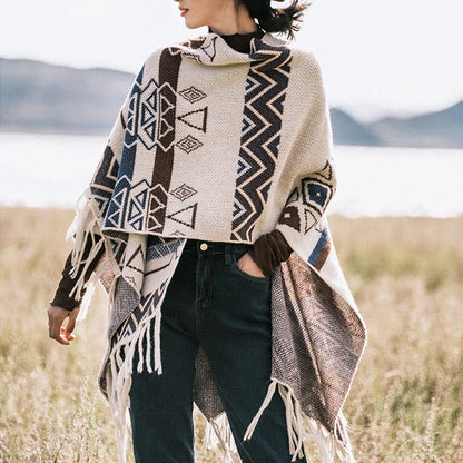 Buddhist BlessingTibetan Wave Stripe Geometry Tassels Shawl Fall Winter Cozy Scarf Wrap