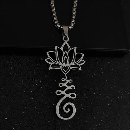 Buddhist Blessing Chakra Symbol Irregular Design Lotus Stainless Steel Enlightenment Necklace Pendant