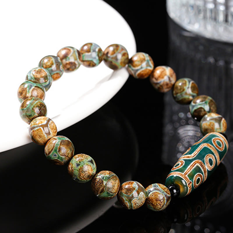 Buddhist Blessing Tibetan Nine-eye Dzi Bead Natural Sandalwood White Cat's Eye Agate Power Protection Bracelet