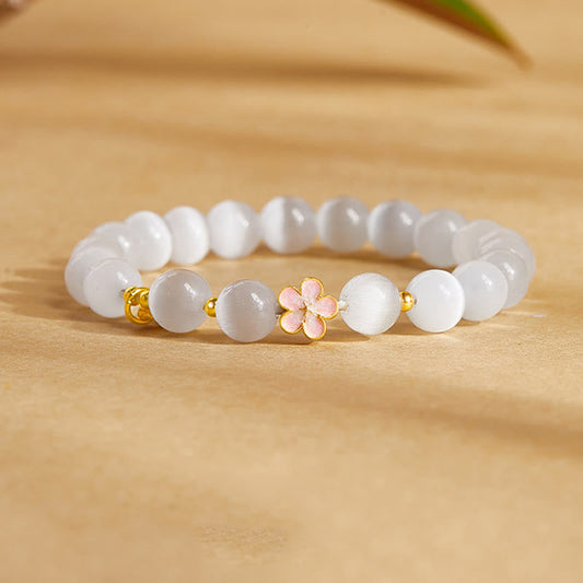 Buddhist Blessing 925 Sterling Silver Natural Peach Blossom White Cat's Eye Positive Bracelet
