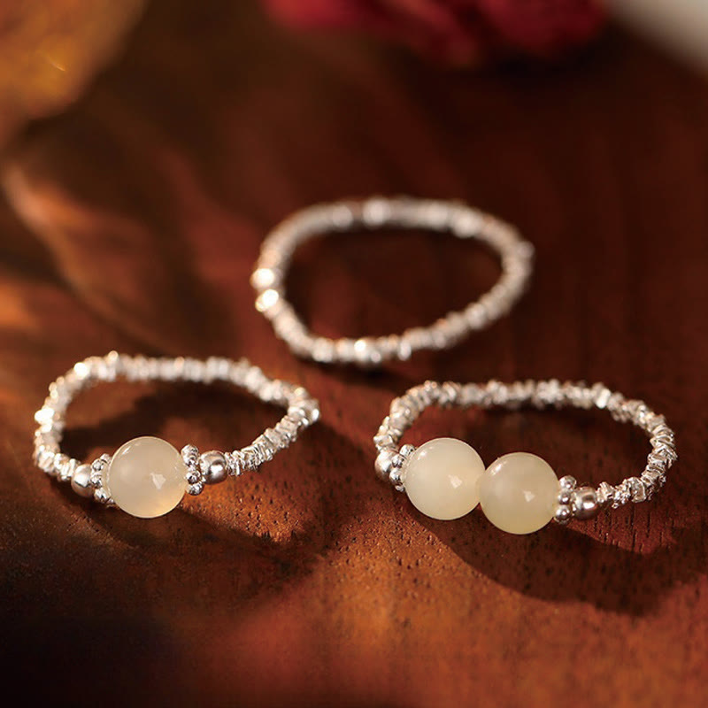 Buddhist Blessing 925 Sterling Silver Natural Small Hetian Jade Bead Luck Elastic Ring