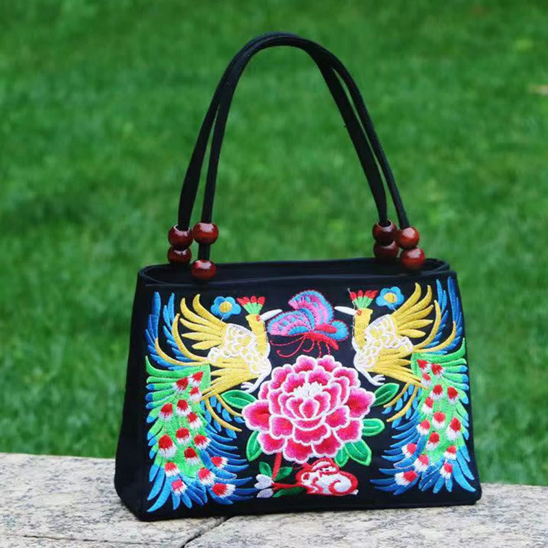 Buddhist Blessing Galsang Inula Flower Peony Peacock Double-Sided Embroidery Canvas Shopping Purse Handbag