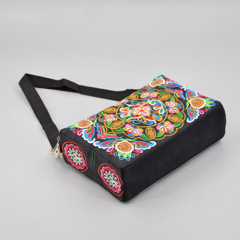Buddhist Blessing Galsang Inula Flower Peony Peacock Double-Sided Embroidery Canvas Shopping Purse Handbag Crossbody Bag