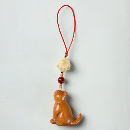 Buddhist Blessing Small Leaf Red Sandalwood Green Sandalwood Sandalwood Sitting Cat Sooth Phone Hanging Decoration