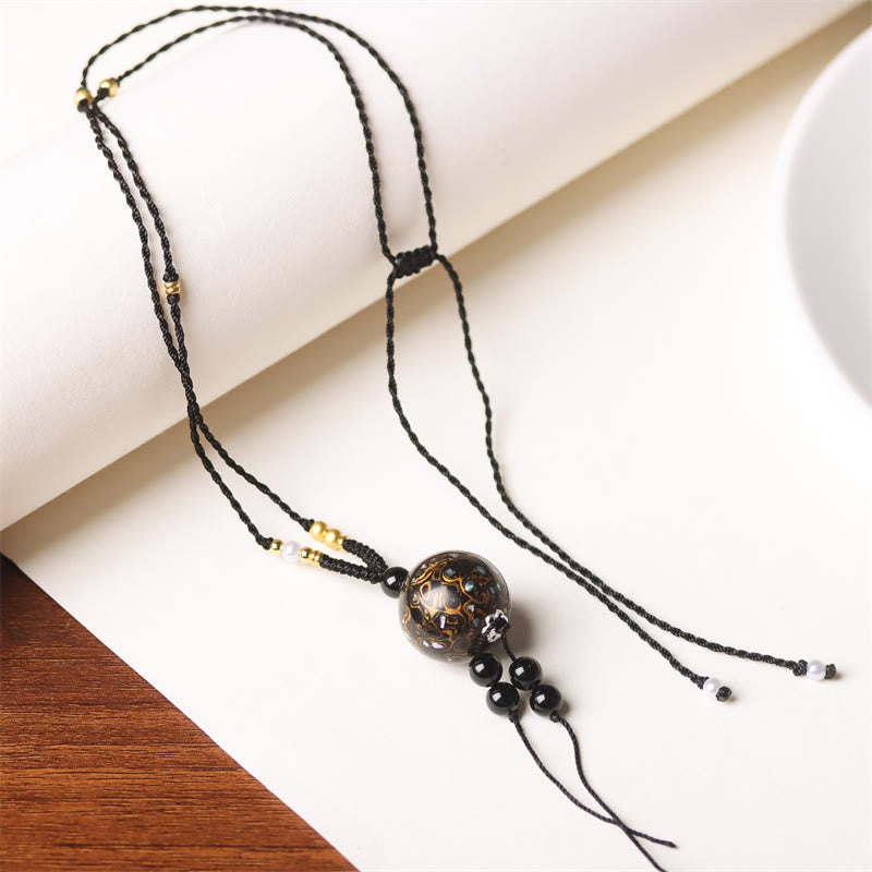 Buddhist Blessing Ebony Wood Aurora Lacquer Craft Bead Pearl Balance Necklace Pendant